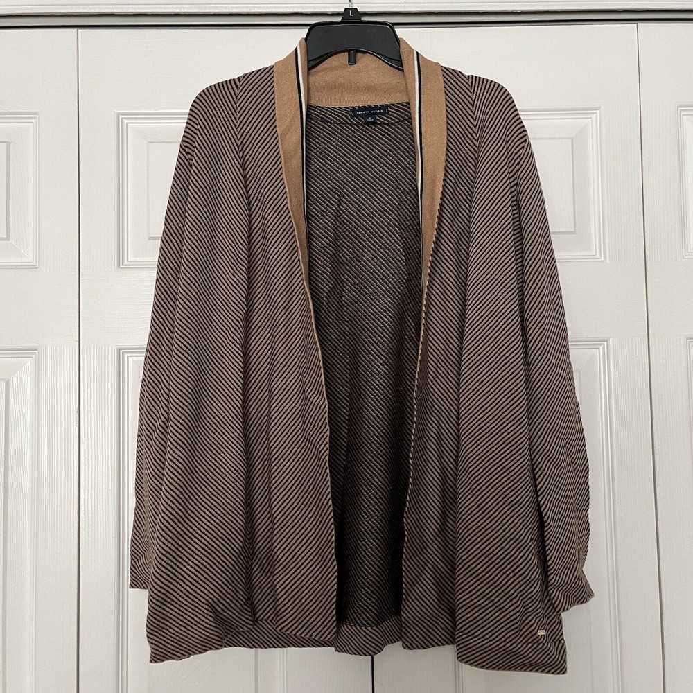 Tommy Hilfiger Womens Open Front Cardigan Brown Navy Stripe Cotton Blend Medium